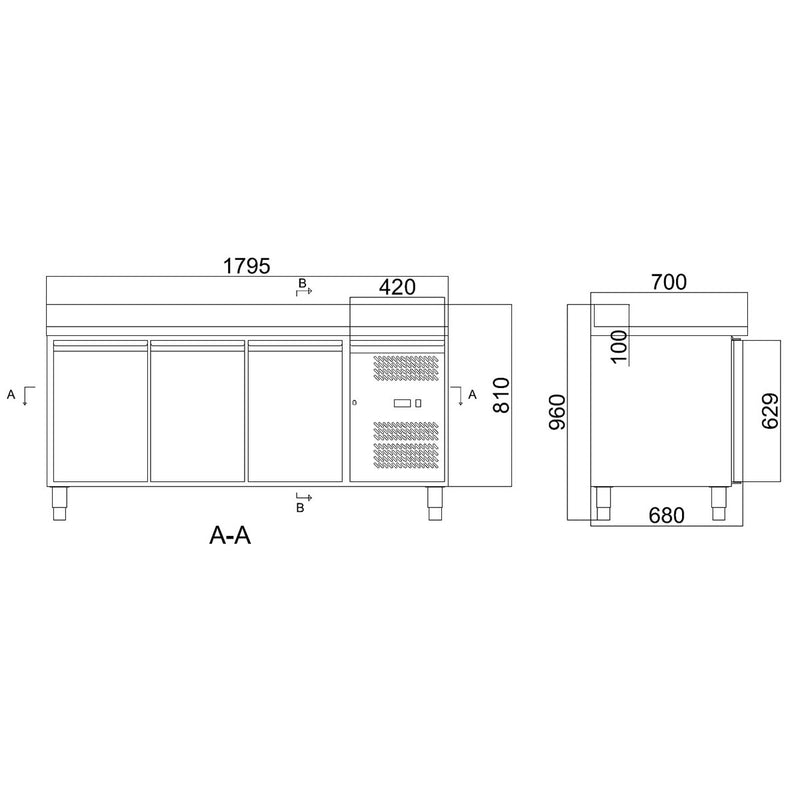 Vaiotec EASYLINE Kühltisch 700 / 3-türig inkl. Aufkantung - Monoblock