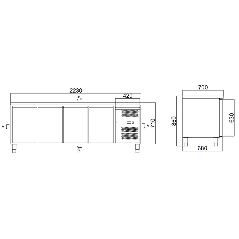 Vaiotec EASYLINE Kühltisch 700 / 4-türig - Monoblock