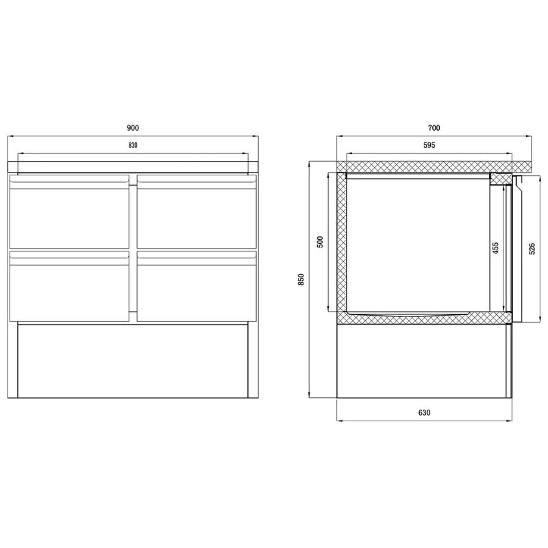 Vaiotec EASYLINE Kühltisch Mini 700 / 2-fach - mit 4 Schubladen