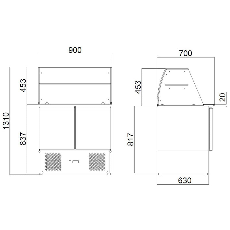 Vaiotec EASYLINE Saladette 700 / 2-fach mit eckigem Glasaufsatz