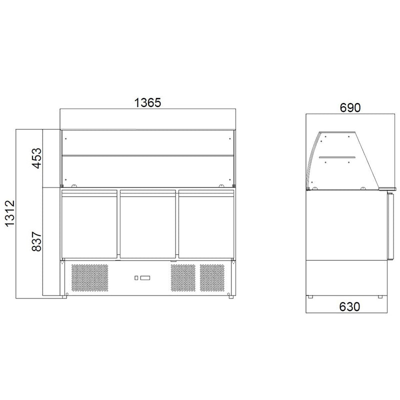 Saladette Vaiotec EASYLINE 700 / 3 compartiments avec plateau carré en verre