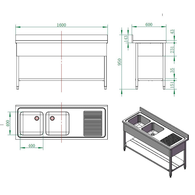 Vaiotec EASYLINE Spültisch 600 / 2 Becken links und Abtropffläche B:1600