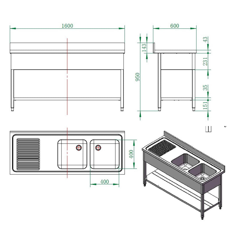 Vaiotec EASYLINE Spültisch 600 / 2 Becken rechts und Abtropffläche B:1600