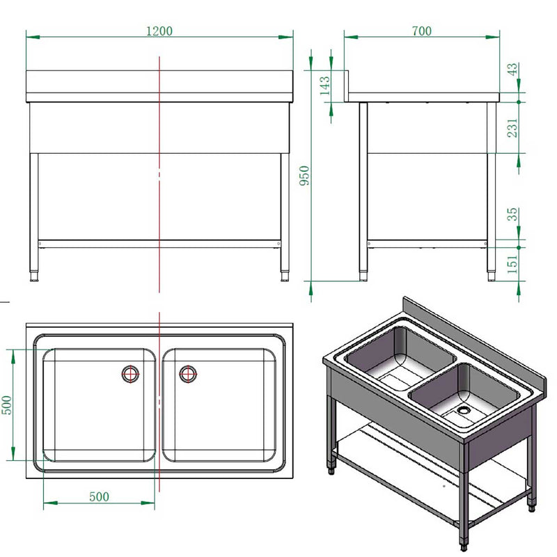 Évier Vaiotec EASYLINE 700 / 2 bacs L:1200