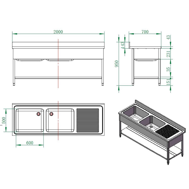 Vaiotec EASYLINE Spültisch 700 / 2 Becken links und Abtropffläche B:2000