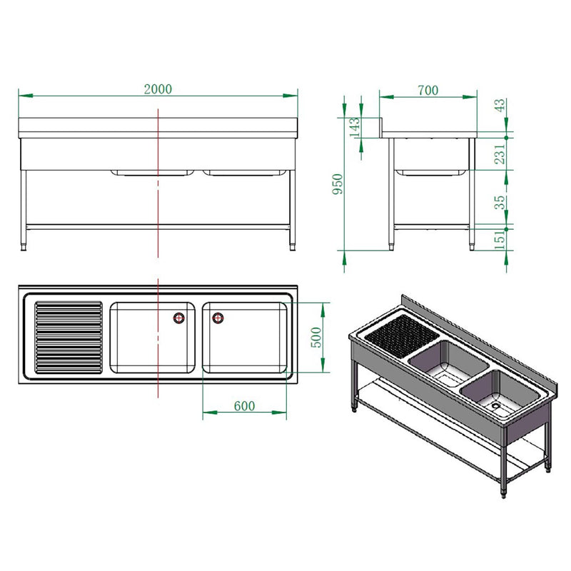 Vaiotec EASYLINE spoelbak 700 / 2 bakken rechts en afdruiprek B:2000