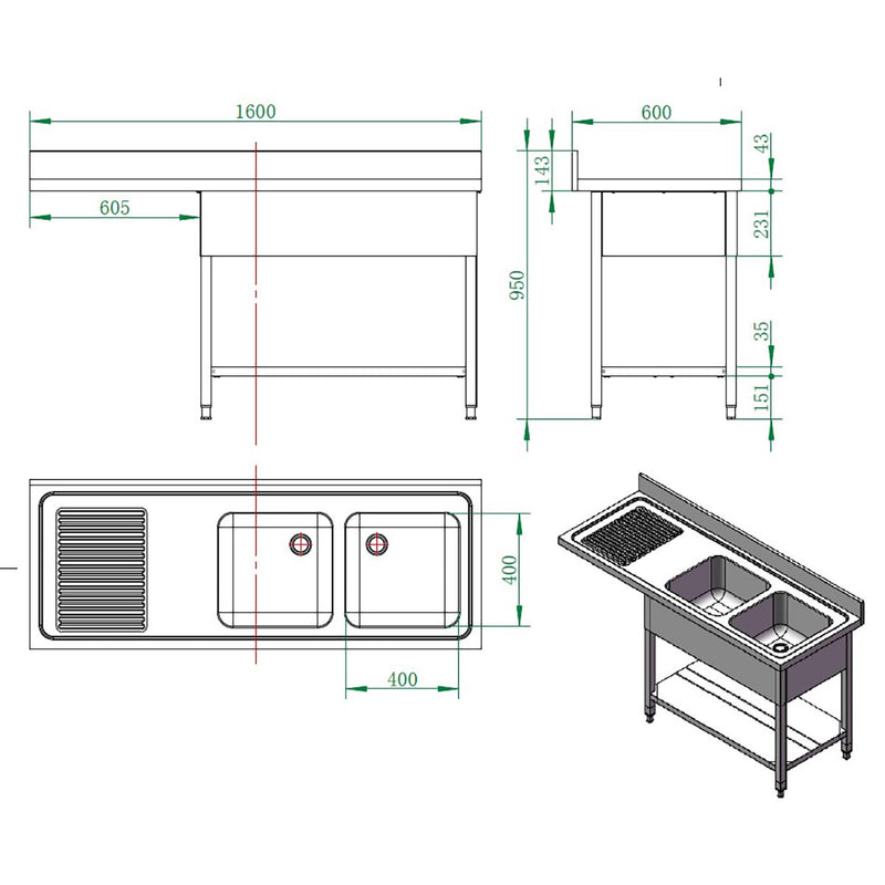 Vaiotec EASYLINE Spülcenter 600 / 2 Becken rechts B:1600