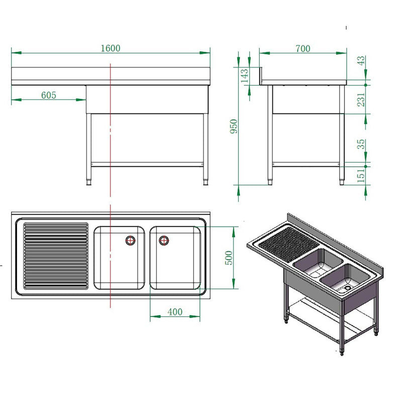 Vaiotec EASYLINE spoelbak midden 700 / 2 waskommen rechts B:1600