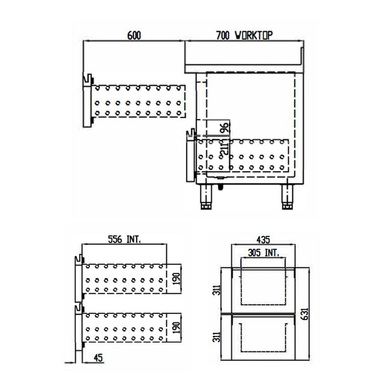 Vaiotec TOPLINE koeltafel 700 / 2-weg GN1/1 met 4 laden &amp; opstaande rand