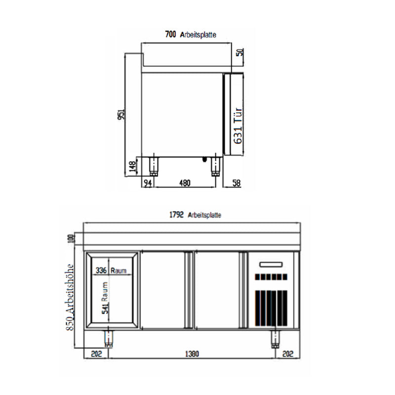 Vaiotec TOPLINE koeltafel 700 / 3-weg GN1/1 met 3 deuren &amp; opstaande rand