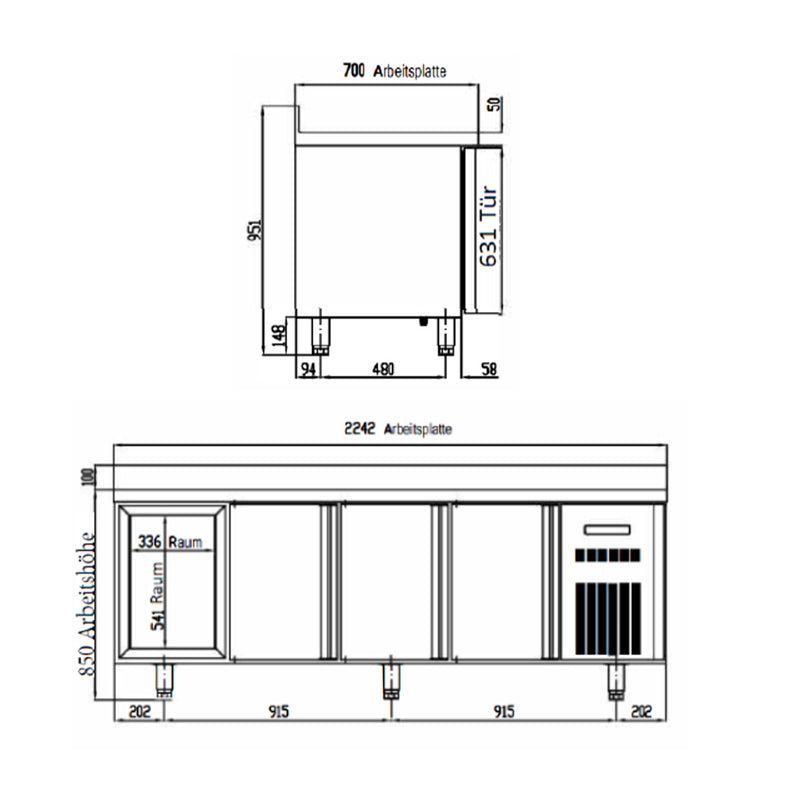 Table réfrigérée Vaiotec TOPLINE 700 / 4 voies GN1/1 avec 4 portes et dosseret