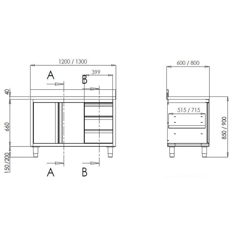 Vaiotec TOPLINE Arbeitsschrank 600 / Flügeltüren, 3 Schubladen & Aufkantung B:1200