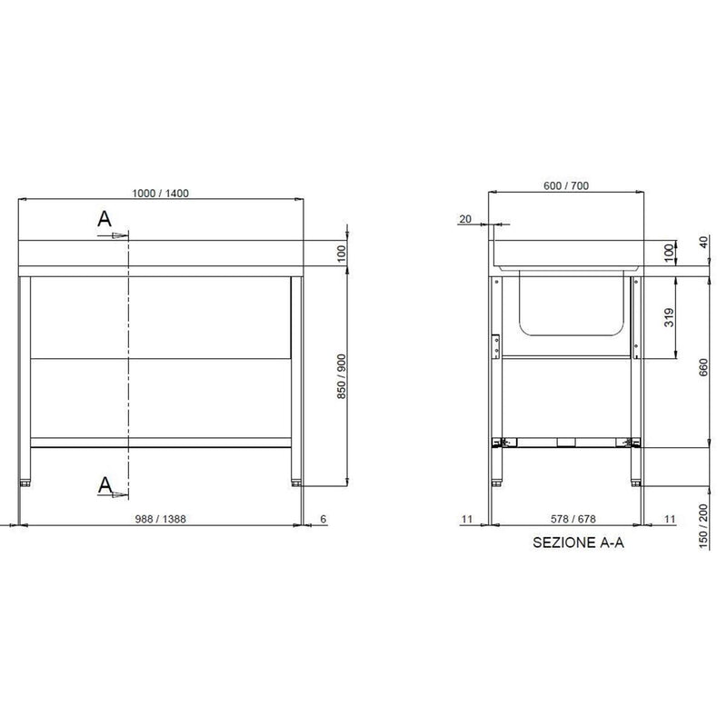 Vaiotec TOPLINE spoelbak 600 / 1 bak rechts + afdruiprek B:1000