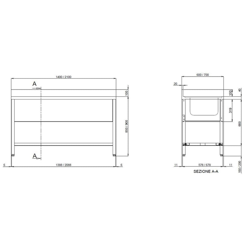 Vaiotec TOPLINE spoelbak 600 / 2 bakken rechts + afdruiprek B:1400