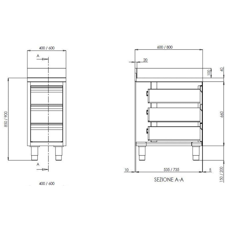 Vaiotec TOPLINE ladekast 700 / 3 laden &amp; opstand B:400