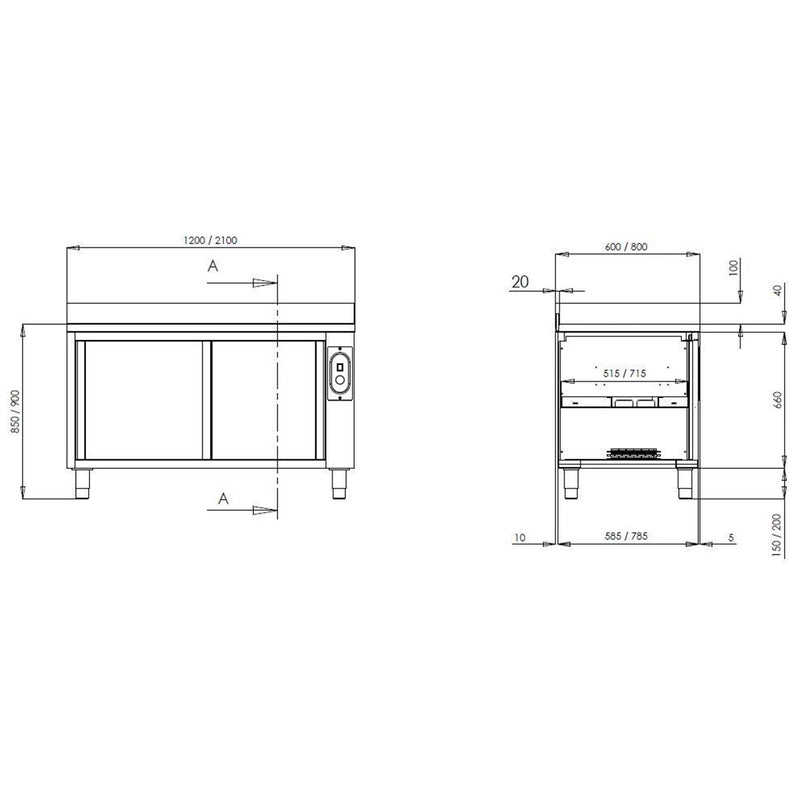 Vaiotec TOPLINE Wärmeschrank 600 / 2 Schiebetüren & Aufkantung B:1200