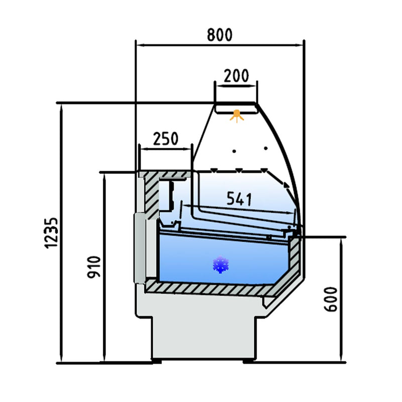 Vaiotec TOPLINE koelwerkbank 250 - gebogen frontglas "blauw"