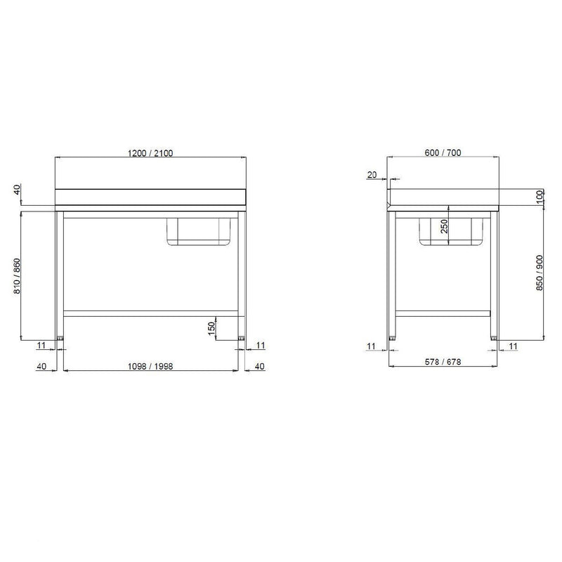 Vaiotec TOPLINE Cheftisch 600 / Becken rechts mit Aufkantung B:1200