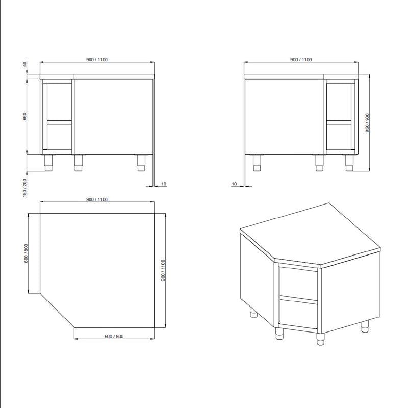 Meuble de travail d'angle Vaiotec TOPLINE 1000 / ouvert L:1000