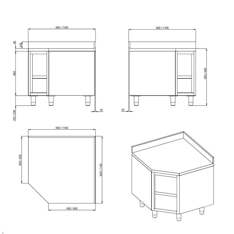 Meuble de travail d'angle Vaiotec TOPLINE 1000 / ouvert avec dosseret L:1000