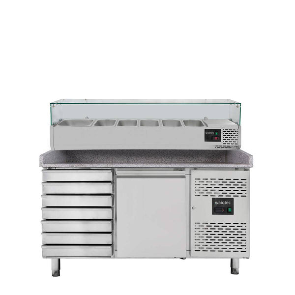 Vaiotec EASYLINE pizzakoeltafel 800 / 1 deur &amp; 7 laden "grijs" inclusief koelopzetstuk GN1/3