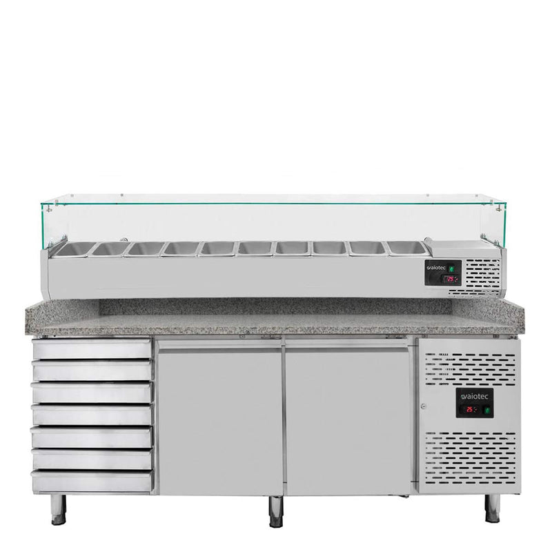 Vaiotec EASYLINE pizzakoeltafel 800 / 2 deuren &amp; 7 laden "grijs" inclusief koelopzetstuk GN1/4