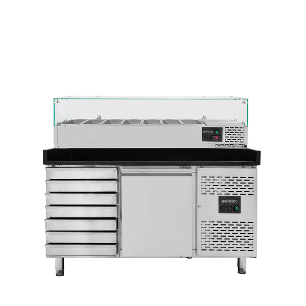 Vaiotec EASYLINE pizzakoeltafel 800 / 1 deur &amp; 7 laden "zwart" inclusief koelopzetstuk GN1/4