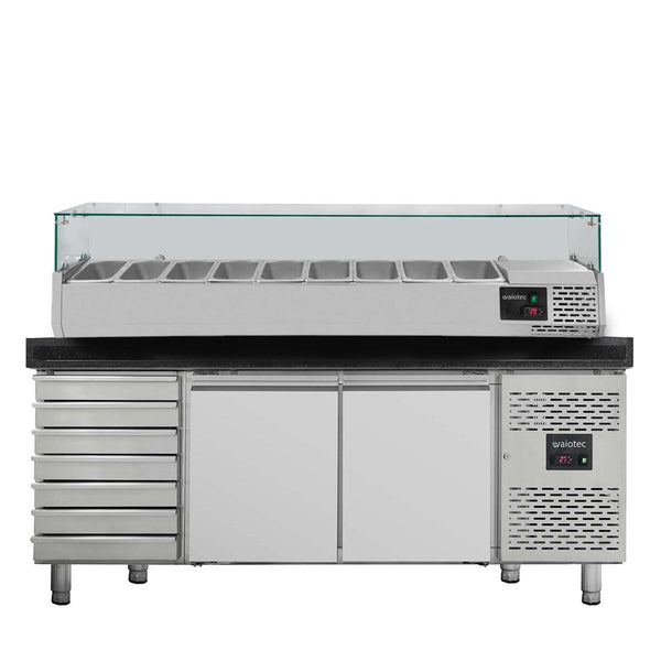 Vaiotec EASYLINE pizzakoeltafel 800 / 2 deuren &amp; 7 laden "zwart" inclusief koelopzetstuk GN1/3