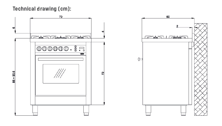 LOFRA - RAINBOW - GAS SINGLE OVEN 70 cm - PR76 GVT/CI - Burgundy