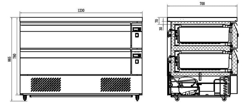 COMBISTEEL KÜHL-/TIEFKÜHLTISCH 2 SCHUBLADEN 6X 1/1GN