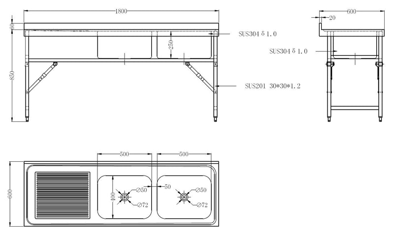 COMBISTEEL 600 ZUSAMMENKLAPPBARE SPÜLTISCH 1800 2R