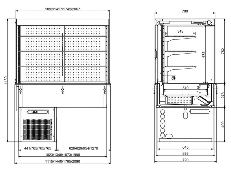 COMBISTEEL EINBAU WANDMODELL KÜHLVITRINE ECKIG – MIT ROLLVORHANG  3/1 GN