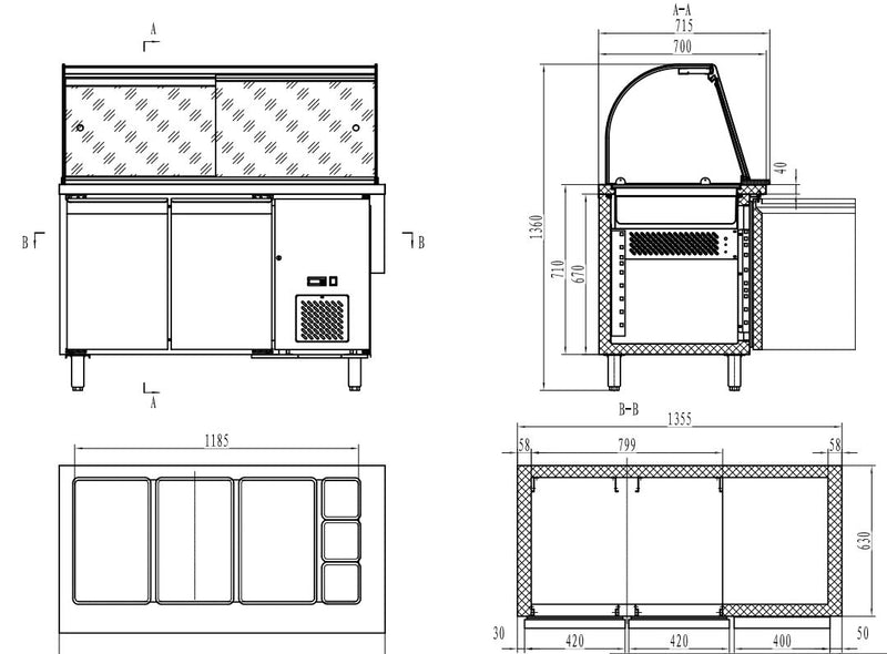 COMBISTEEL 700 GEKOELDE TAFEL MET GLAS 2 DEUREN 3X 1/1 + 3X 1/6 GN BAKKEN 