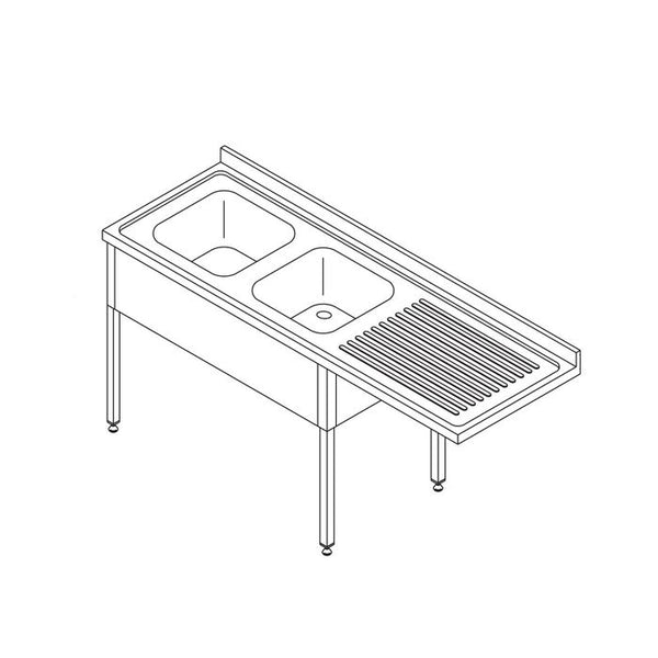 MAXIMA Gastro Geschirrspültisch - 200 x 70 cm - links - mit 2 Waschbecken und Backsplash - inkl. Lagerregal