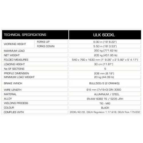 GUIL ULK-600XL - Kompakter Gabellift mit Winde (Arbeitshöhe max. 6,00m | Belastbarkeit max. 350kg | Ladehöhe 30cm | zusammenklappbar) - in schwarz