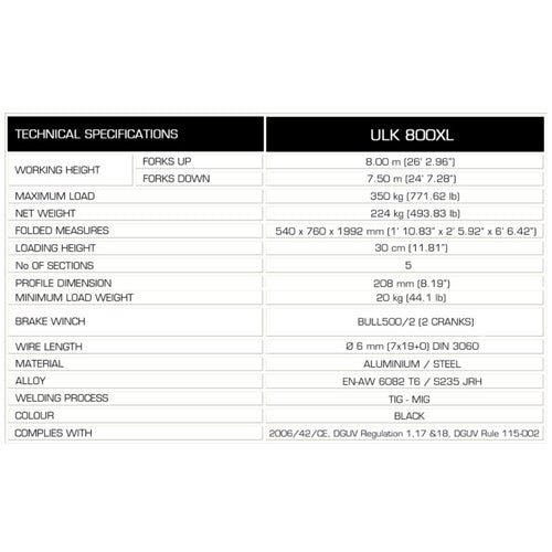 GUIL ULK-800XL - Kompakter Gabellift mit Winde (Arbeitshöhe max. 8,00m | Belastbarkeit max. 350kg | Ladehöhe 30cm | zusammenklappbar) - in schwarz