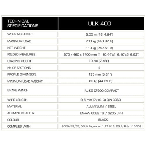 GUIL ULK-400 - Chariot élévateur compact avec treuil (hauteur de travail max. 5,00 m | capacité de charge max. 200 kg | hauteur de chargement 19 cm | pliable) - en noir