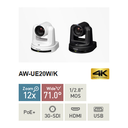 PANASONIC AW-UE20 - 4K UHD PTZ-Kamera mit Schwenk- & Neigefunktion (12x optischer Zoom | Weitwinkelobjektiv | 3G-SDI & HDMI-Version | PoE+) - in weiß