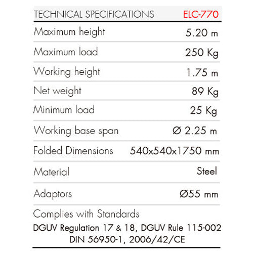 GUIL ELC-770 - Nacelle télescopique compacte avec treuil et embout Ø 55 mm (hauteur max. 5,20 m | capacité de charge max. 250 kg | pliable) - en noir 