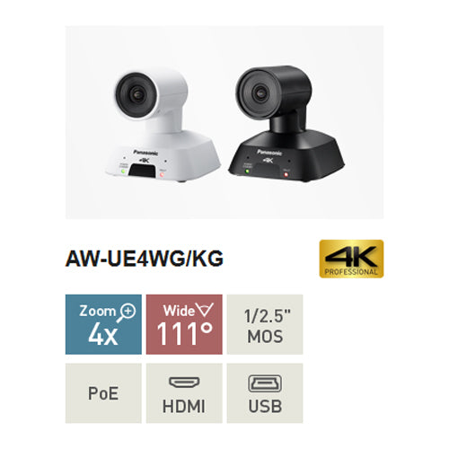 PANASONIC AW-UE4 - Kompakte 4K UHD PTZ-Kamera mit Ultraweitwinkelobjektiv (4x digitaler Zoom | integriertes Stereomikrofon | IP-Streaming | HDMI | PoE) - in weiß