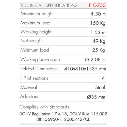 GUIL ELC-750 - Kompakter Teleskop-Lift mit Winde und Ø 35 mm Spigot (Höhe max. 4,50m | Belastbarkeit max. 150kg | zusammenklappbar) - in schwarz