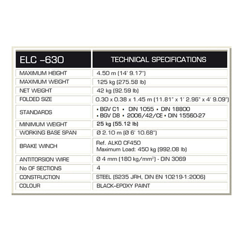 GUIL ELC-630 - Kompakter Teleskop-Lift mit Winde (Arbeitshöhe max. 4,50m | Belastbarkeit max. 125kg | zusammenklappbar) - in schwarz