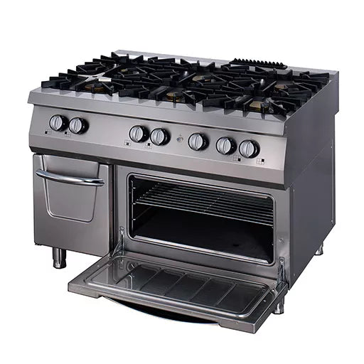 MAXIMA Gastro Premium Fornuis - 6 Branders - Drievoudige Unit - 90 cm Diep - Gas incl. Elektrische Oven