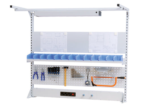 Bedrunka+Hirth meerwandige structuur werklijnbreedte 1500 met bovenframe, 1x energiekanaal, 1x geperforeerde wand, 1x magneetwand, 1x plank