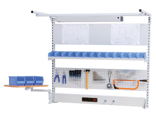 Ligne de travail à parois multiples Bedrunka+Hirth largeur 1500 avec cadre supérieur, 1x canal d'énergie, 1x paroi perforée, 1x paroi magnétique, 1x étagère, 1x bras pivotant