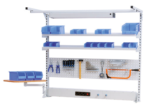 Bedrunka+Hirth Multi-Wand-Aufbau workline Breite 1500 mit Obergestell, 1x Energiekanal , 1x Lochwand, 2x Fachboden, 1x Schwenkarm