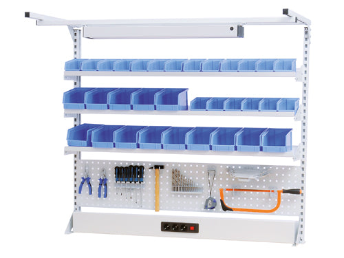 Bedrunka+Hirth meerwandige bouwwerklijn breedte 1500 met bovenframe, 1x energiekanaal, 1x geperforeerde wand, 3x legbord