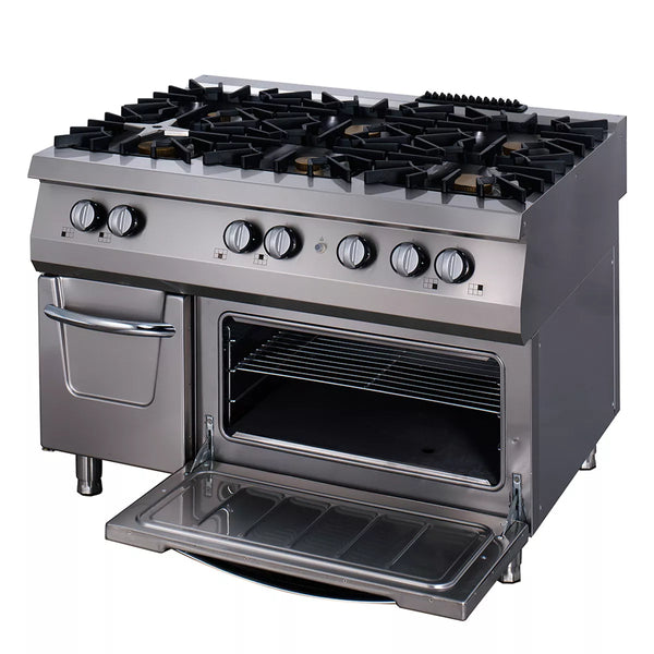 MAXIMA Gastro Premium Fornuis - 6 Branders - Drievoudige Unit - 90 cm Diep - incl. Oven - Gas 