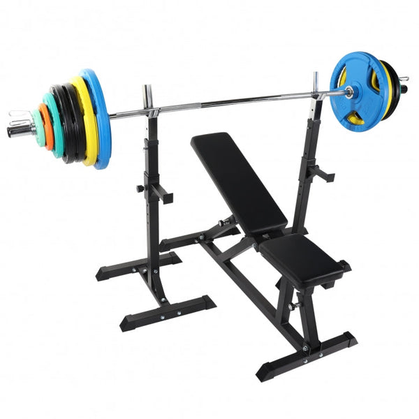 Banc de musculation GORILLA SPORTS avec barre olympique et pince en caoutchouc 150 kg