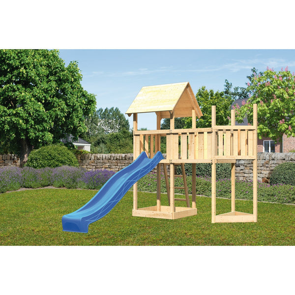 Akubi Kinderspielturm "Lotti" Satteldach SET naturbelassen mit Schiffsanbau oben,  Anbauplattform, Rutsche blau